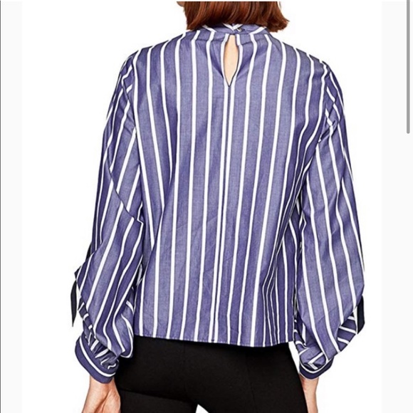 Zara Basic Z1975 Denim Blue and White Striped Top with Tie Sleeves S - Picture 3 of 5